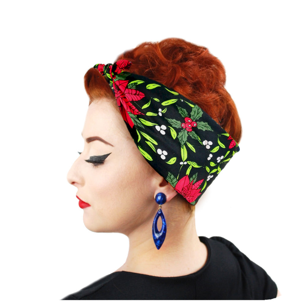 Christmas Bandana, side view modelled by Retro Pin-up model | The Inkabilly Emporium