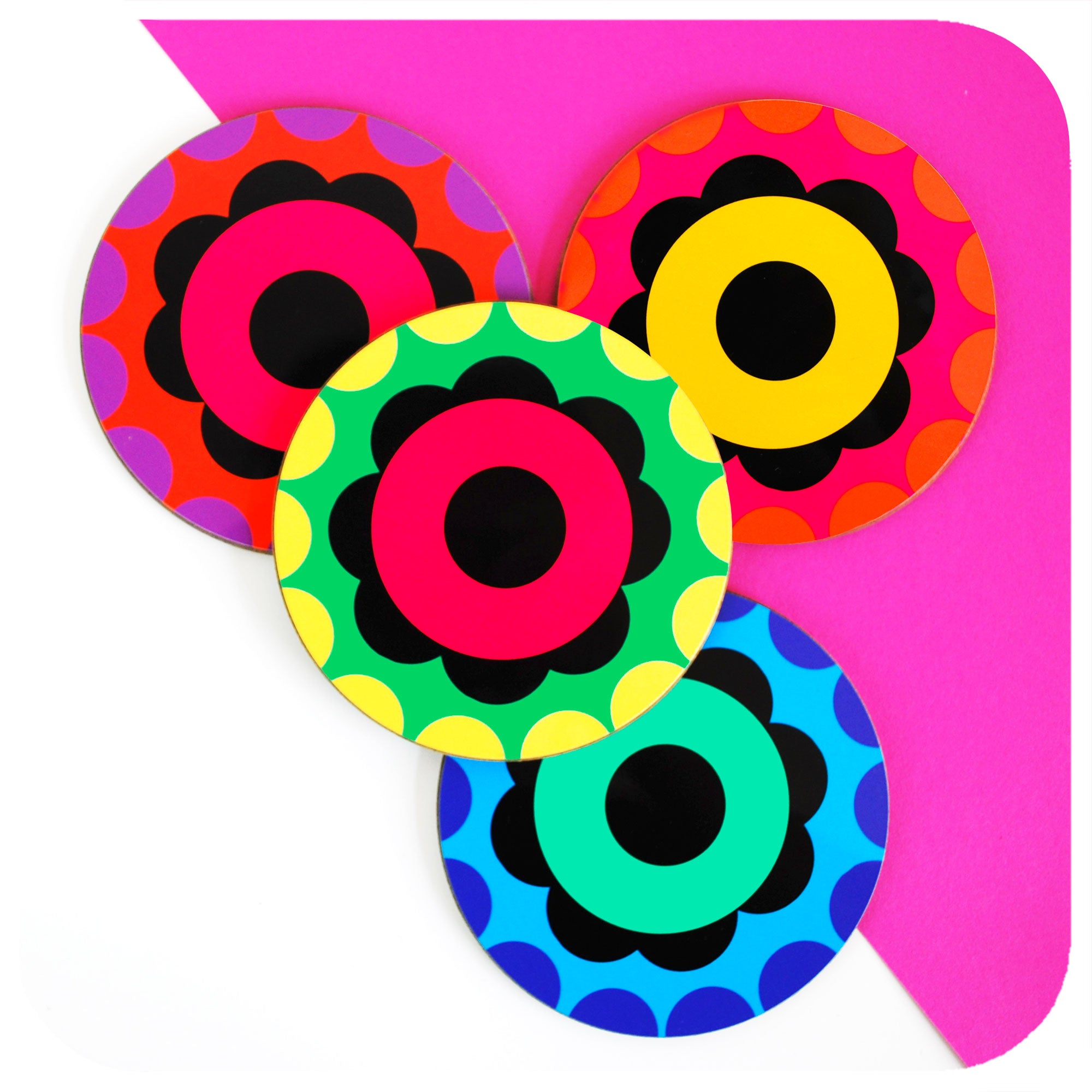 Four 60s Style Flower Power round coasters | The Inkabilly Emporium
