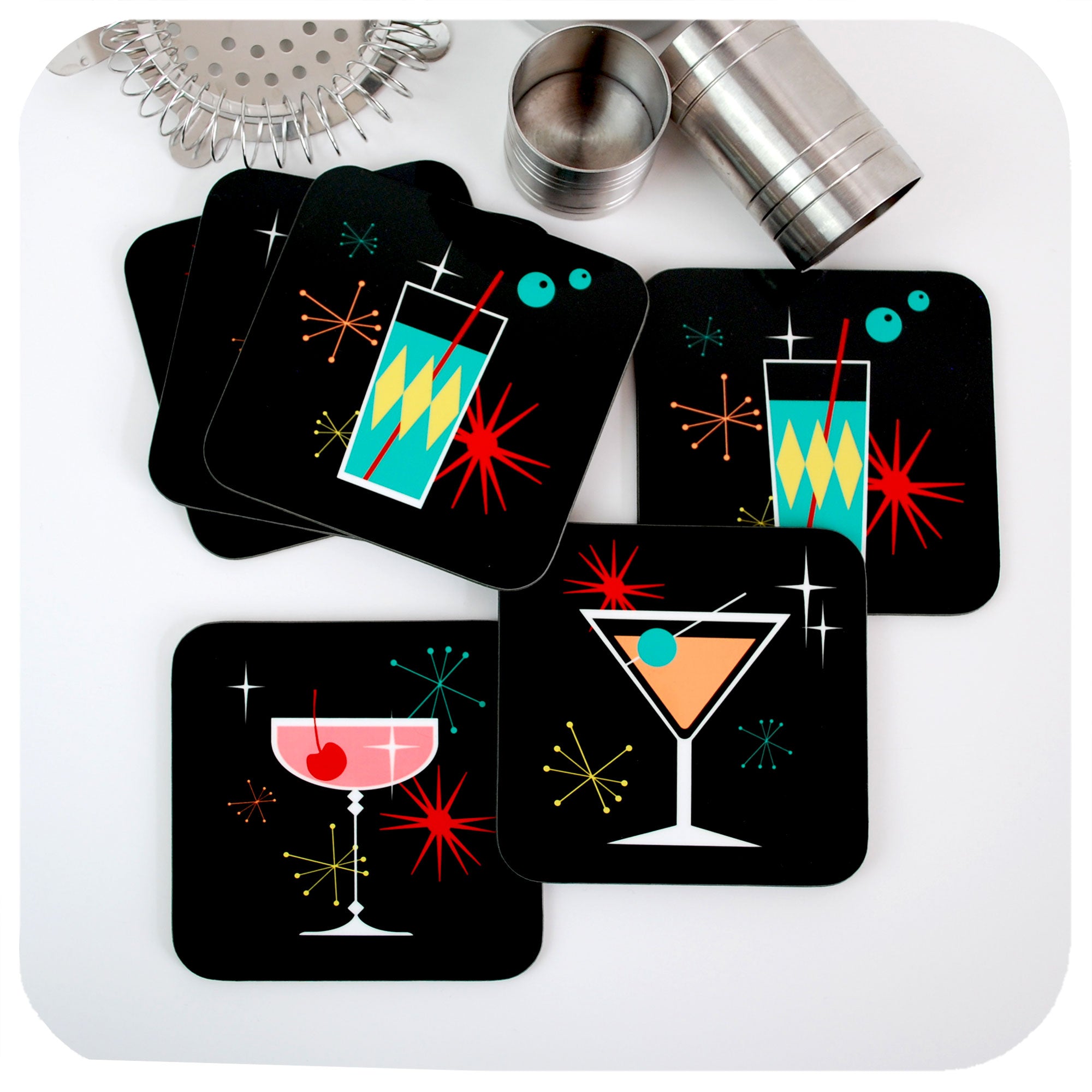 Cosmic Cocktail Coasters, set of 6, on table with cocktail bar accessories | The Inkabilly Emporium