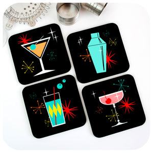 Cosmic Cocktail Coasters - Set of 4, on table with cocktail bar accessories | The Inkabilly Emporium