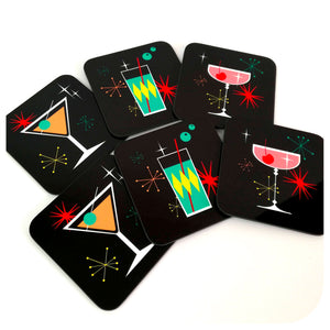 Cosmic Cocktail Coasters, set of 6, on table in a fan configuration | The Inkabilly Emporium