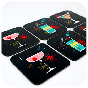 Cosmic Cocktail Coasters, set of 6, on table with close up on cherry bomb cocktail | The Inkabilly Emporium