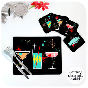 Cosmic Cocktail Coasters - Set of 4, with matching placemat on table with cocktail making accessories and vintage cutlery | The Inkabilly Emporium
