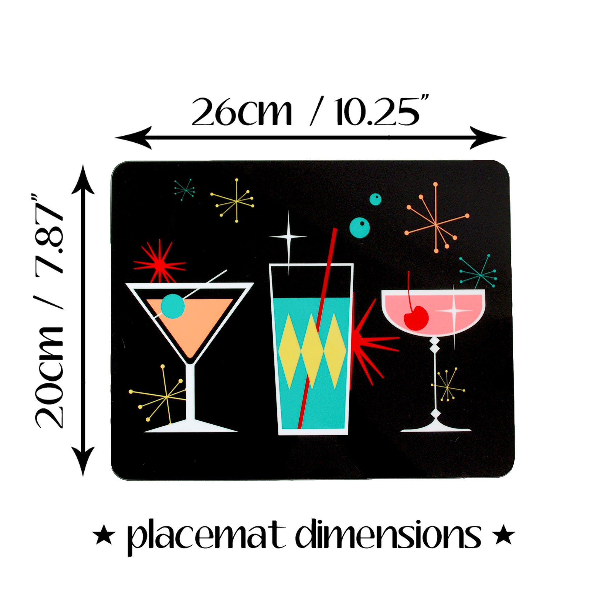 Cosmic Cocktail Placemat info graphic showing placemat dimensions | The Inkabilly Emporium