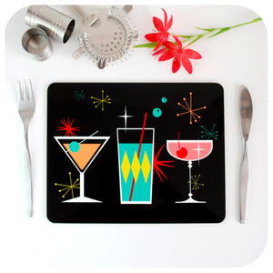 Cosmic Cocktail Placemat with Mid Century cutlery and cocktail accessories and flower | The Inkabilly Emporium