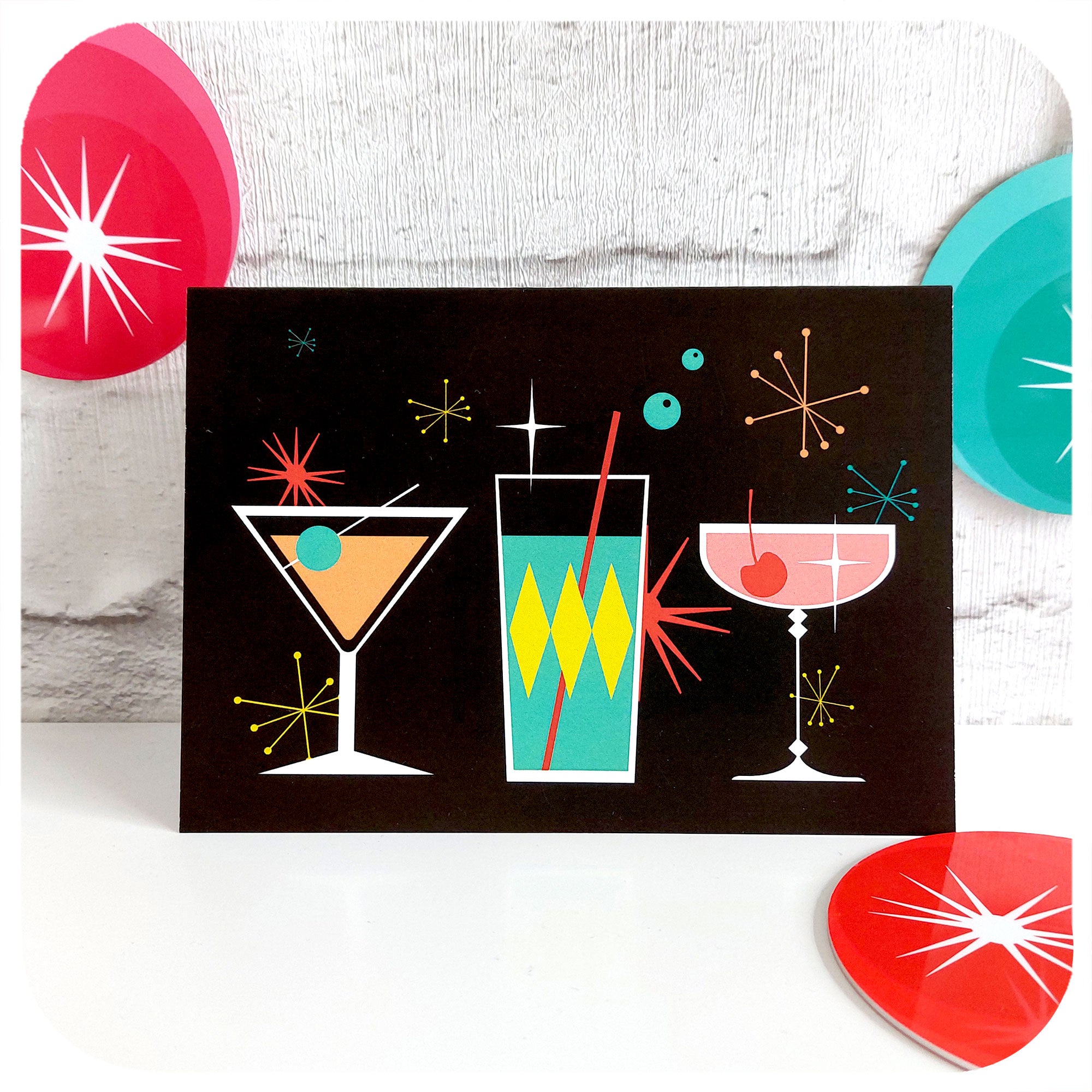 Cosmic Cocktails Christmas Card, standing with retro Christmas decorations | The Inkabilly Emporium