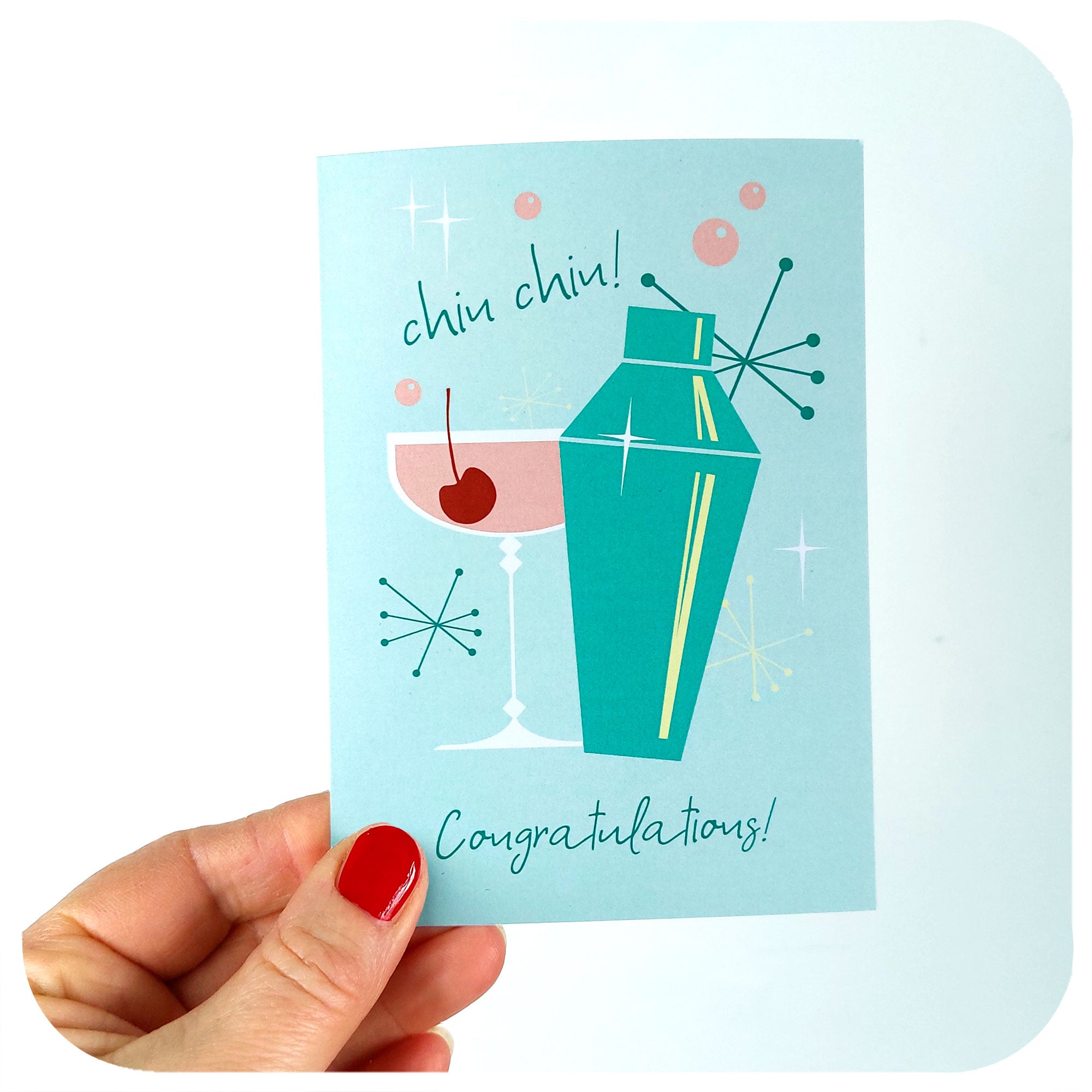 Retro 50s style Congratulations Card featuring retro cocktail and cocktail shaker being held up against a white background | The Inkabilly Emporium