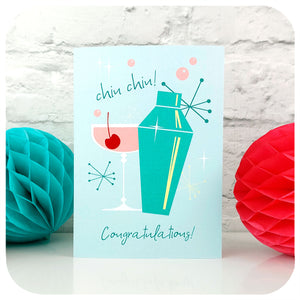 Retro 50s style Congratulations Card featuring retro cocktail and cocktail shaker standing on a white table with retro party decorations | The Inkabilly Emporium