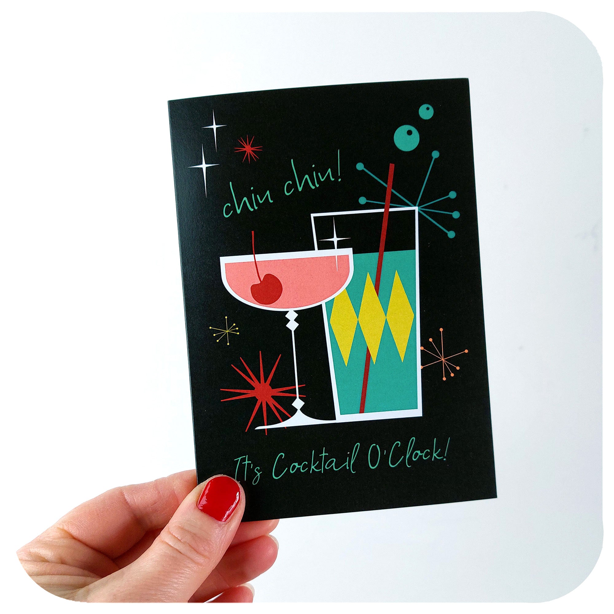 Chin Chin! It's Cocktail O'Clock Greetings Card held on a white background | The Inkabilly Emporium
