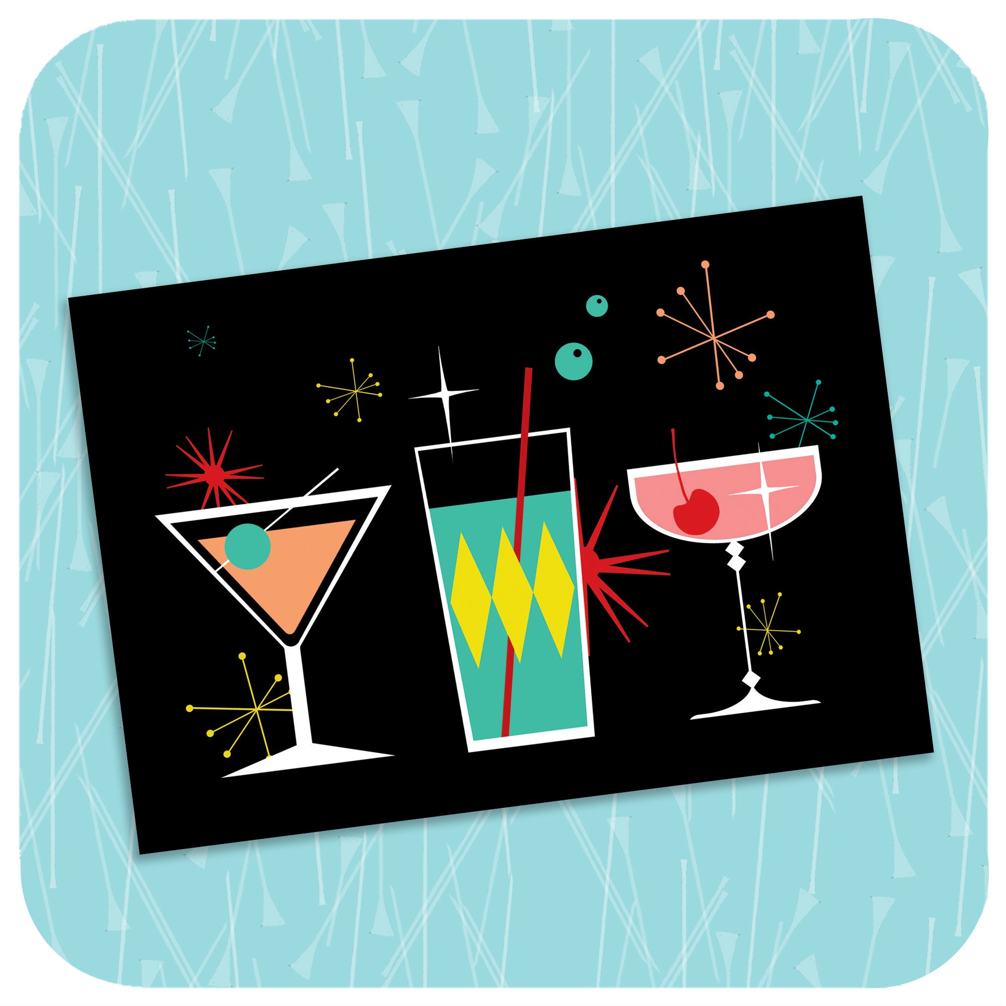Cosmic Cocktails Card on turquoise background | The Inkabilly Emporium