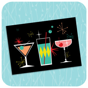 Cosmic Cocktails Card on turquoise background | The Inkabilly Emporium