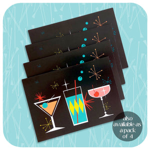 Four Cosmic Cocktails Cards, on a turquoise background | The Inkabilly Emporium