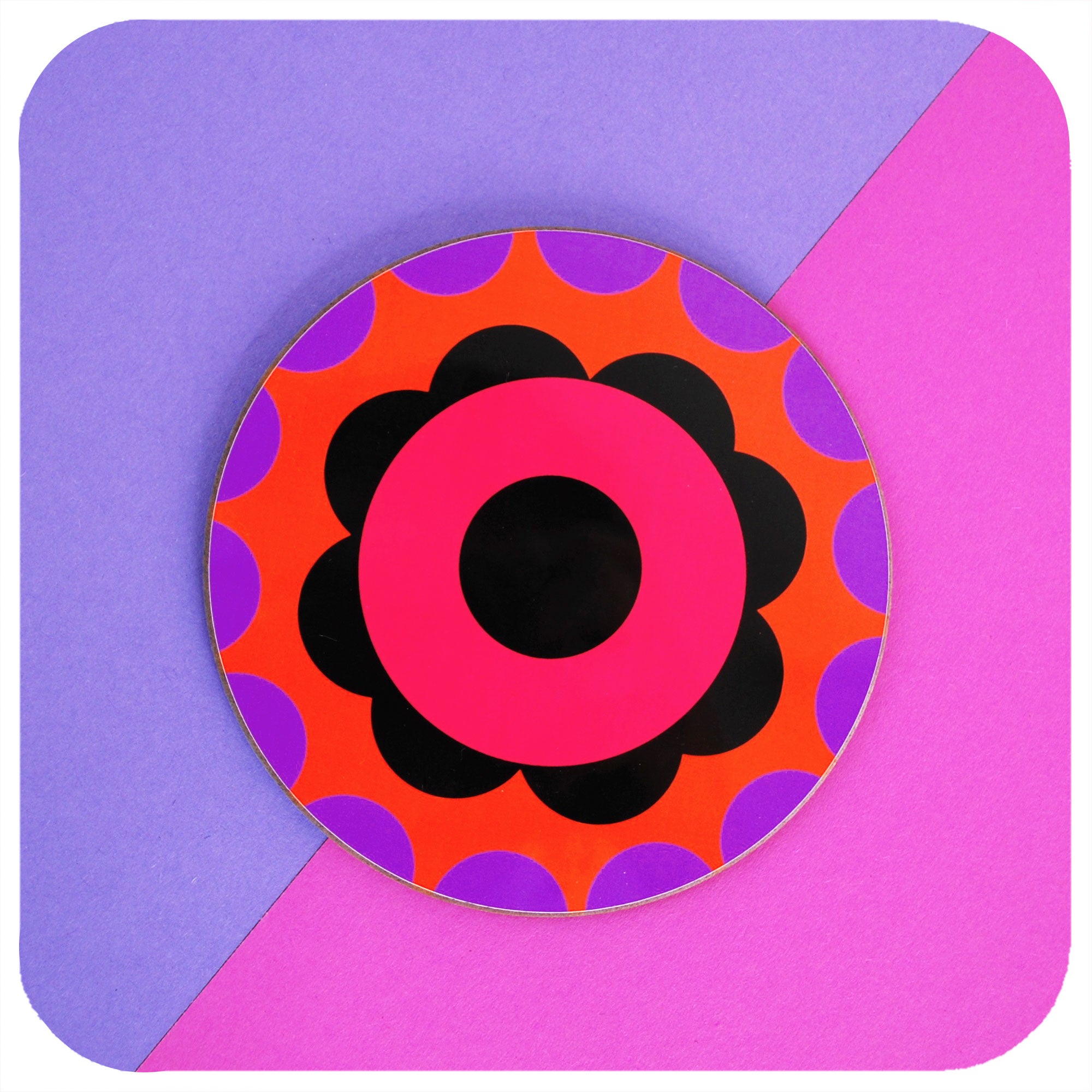 One 60s Flower Power round coaster on colourful pink and purple background | The Inkabilly Emporium