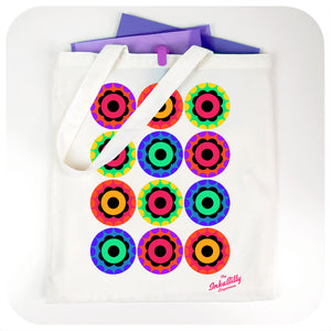 Rainbow Flower Power Tote Bag, with colourful files | The Inkabilly Emporium