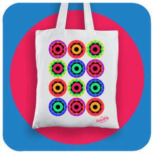 Rainbow Flower Power Tote Bag on coloured background | The Inkabilly Emporium