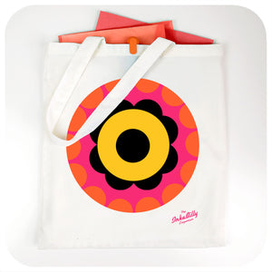 60s Flower Power Tote Bag lying flat with orange files | The Inkabilly Emporium