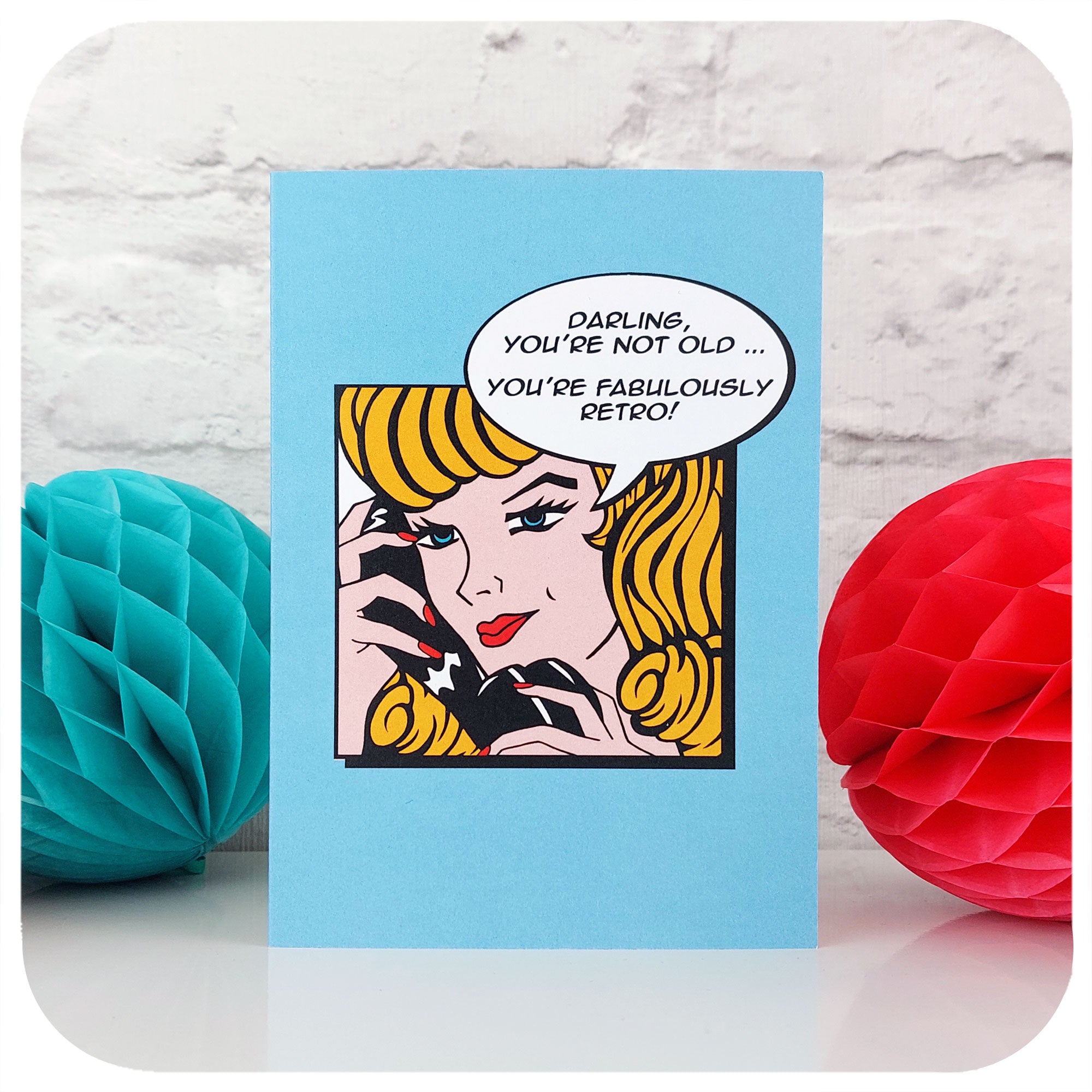 You're Fabulously Retro Birthday Card standing with retro party decorations | The Inkabilly Emporium