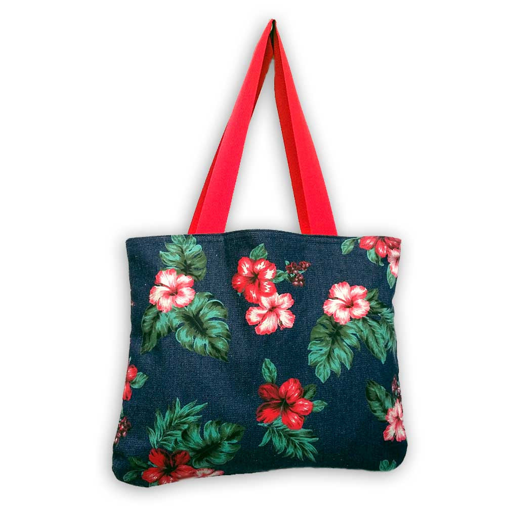 Hibiscus Flower Denim Tote Bag with red handles | The Inkabilly Emporium