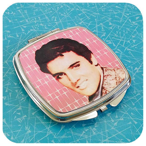 Kitsch Elvis Compact Mirror on a blue patterned background | The Inkabilly Emporium