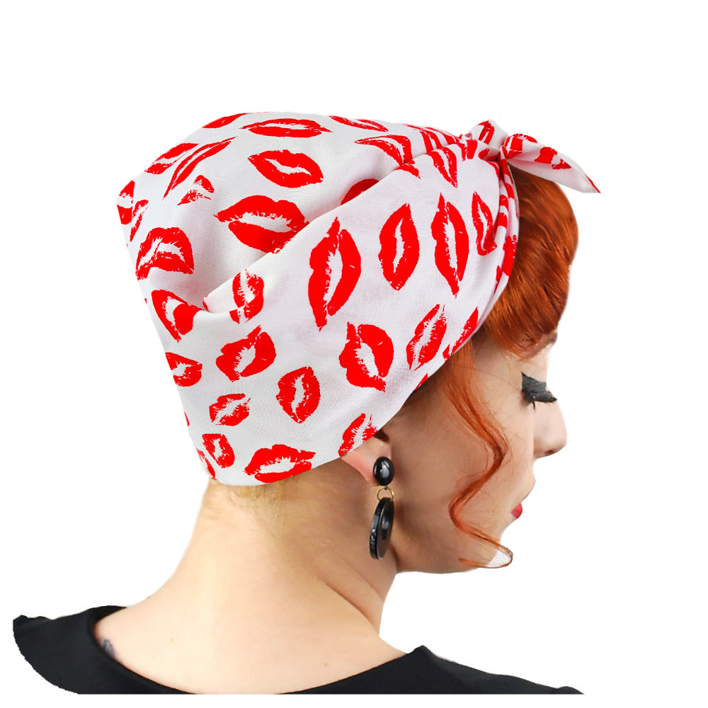 Back view of Lipstick Kisses Bandana worn by a model with auburn hair in a Rosie the Riveter style | The Inkabilly Emporium
