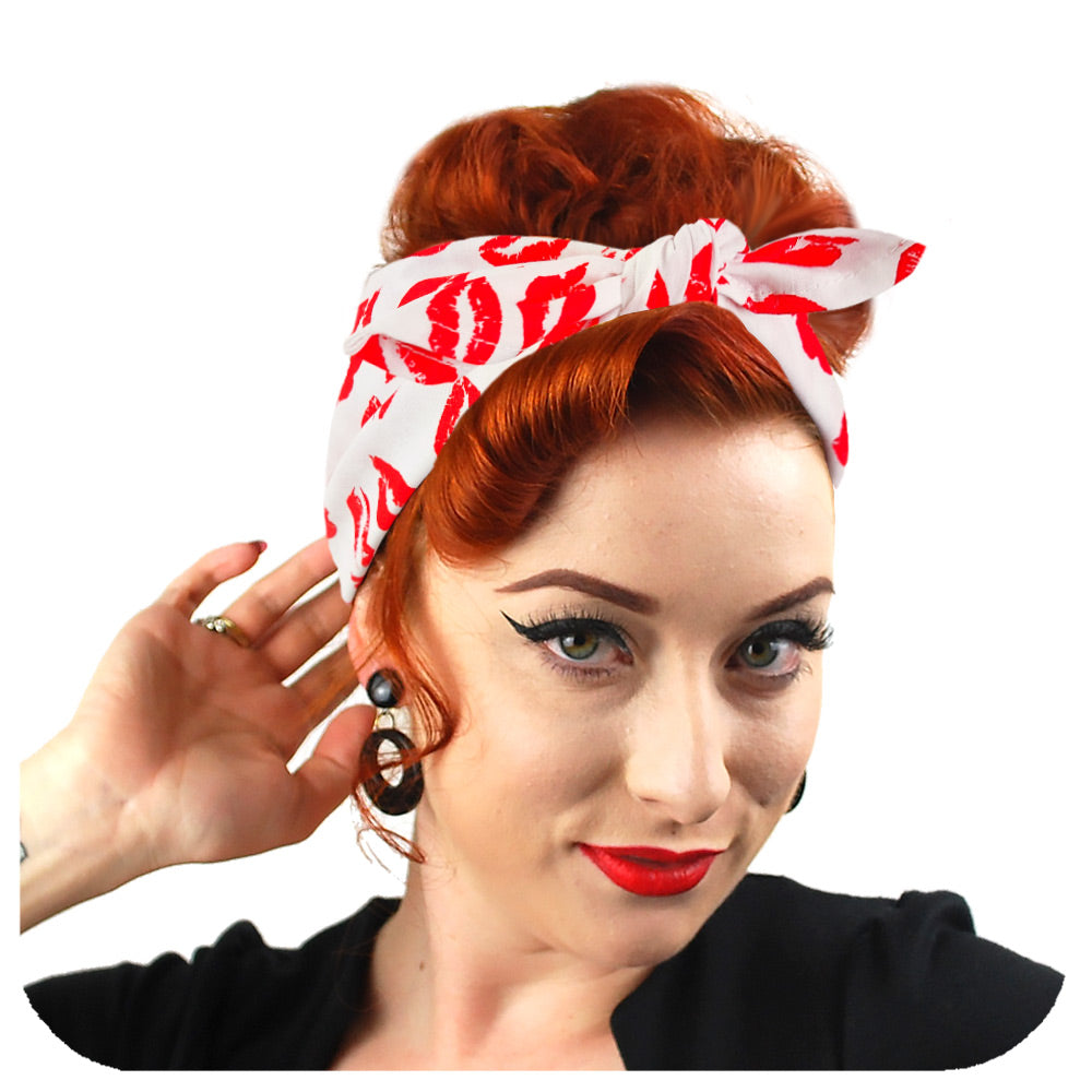 Front view of a Lipstick Kisses Bandana worn by a model with auburn hair in a rockabilly style | The Inkabilly Emporium