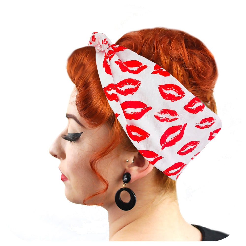Lipstick Kisses Bandana worn by a model with auburn hair in a rockabilly style | The Inkabilly Emporium
