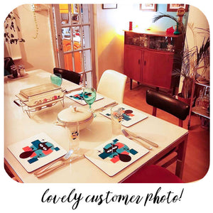 Customer photo of Atomic Cat Placemats set on a table in retro dining room | The Inkabilly Emporium