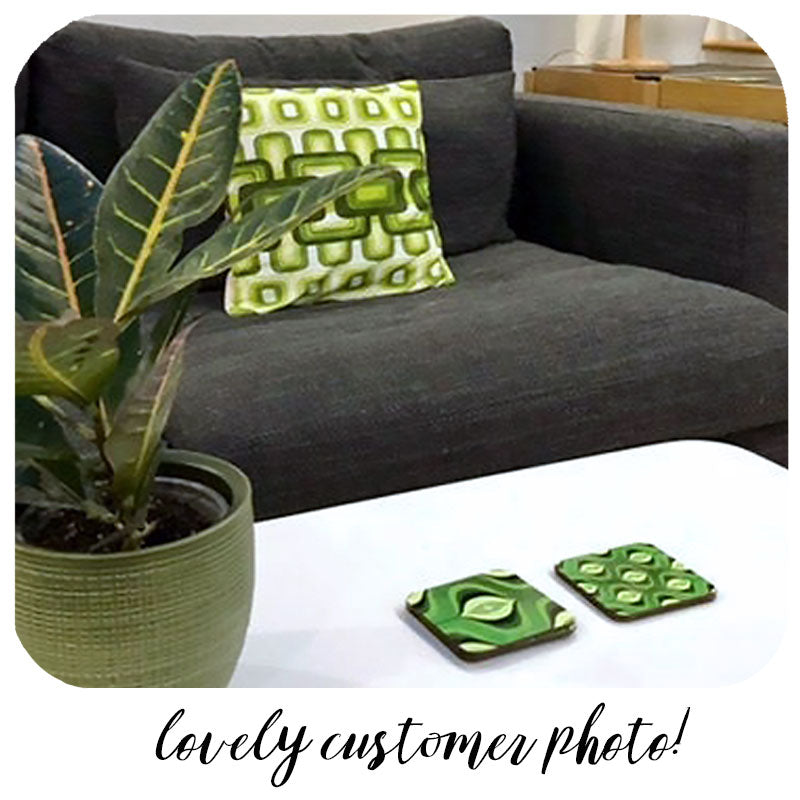 Green 70s Op Art coasters on coffee table with vintage cushion on sofa - photo by customer | The Inkabilly Emporium