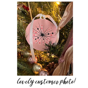 Customer Photo of Pink Atomic Starburst Christmas Decoration hanging in tree | The Inkabilly Emporium