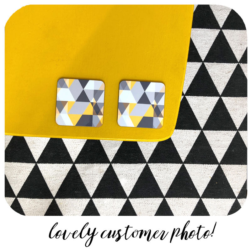 customer photo of Scandi Geometric coasters on yellow table with geometric rug | The Inkabilly Emporium