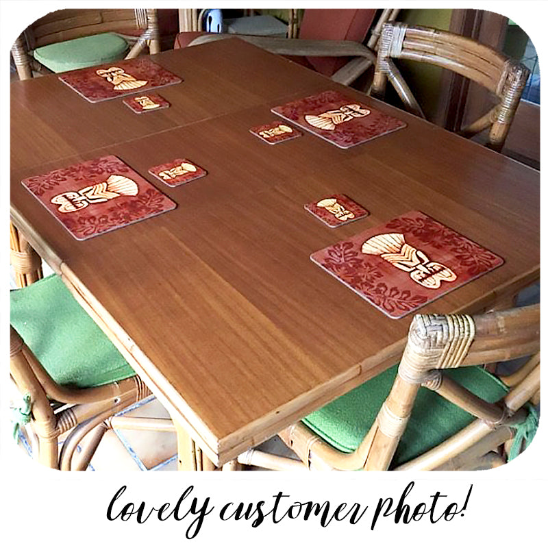 Customer photo of our Tiki placemats looking right at home in a fabulous Tiki themed room | The Inkabilly Emporium