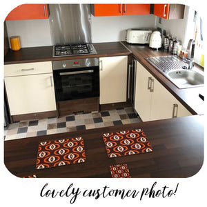 Customer photo of Brown Op Art Placemats and coasters in kitchen | The Inkabilly Emporium