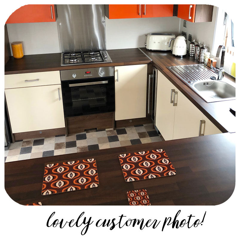 Customer photo of Op Art Placemats and coasters in kitchen | The Inkabilly Emporium