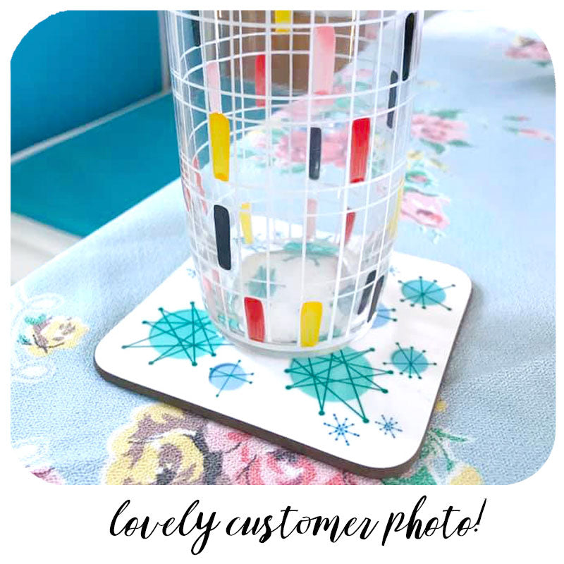 Customer photo of our Atomic Starburst Coaster with vintage 1950s glass | The Inkabilly Emporium