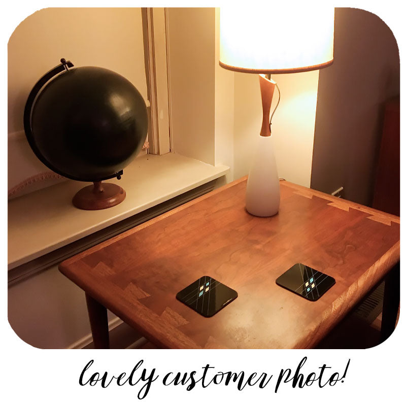 Lovely customer photo - Mid Century Geometric Coasters on Mid Century coffee table with vintage lamp | The Inkabilly Emporium