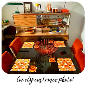 Customer photo sent in to us showing our 70s Op Art tableware in their new Mid Century style home in Perth, Australia | The Inkabilly Emporium