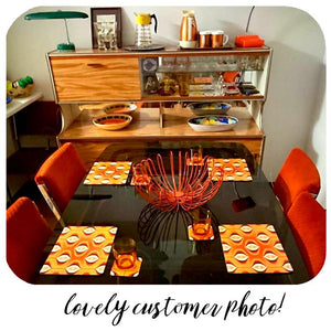 Lovely customer photo of our 1970s Op Art Tableware in a fabulous mid century style Dining Room | The Inkabilly Emporium