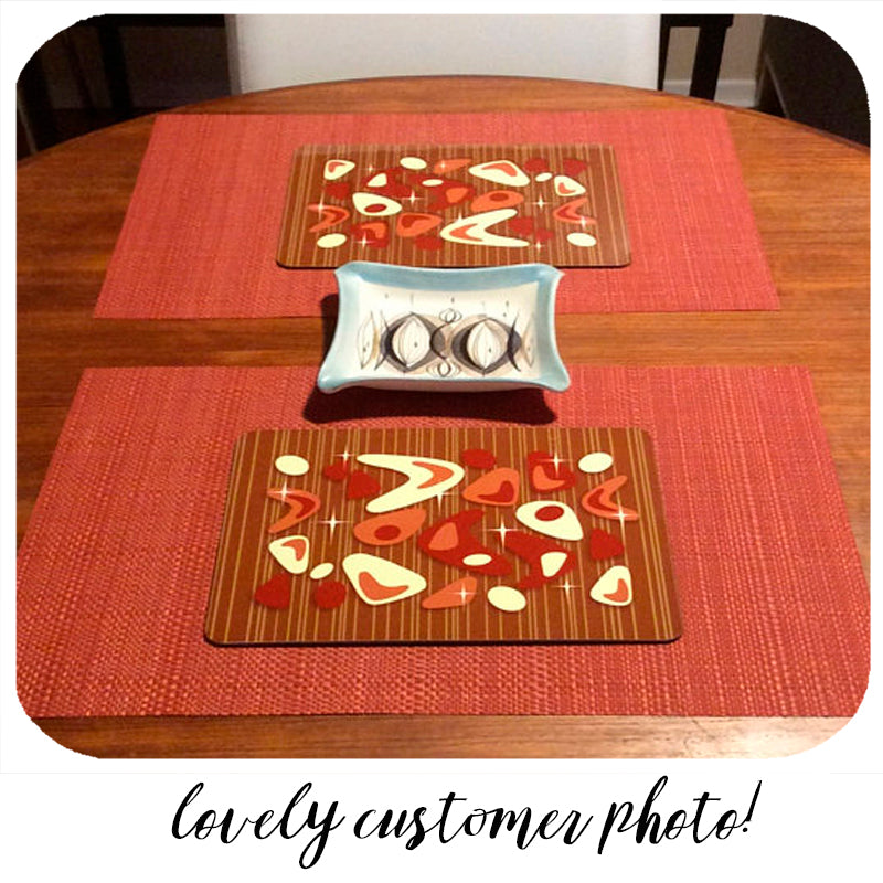 fabulous customer photo of our atomic boomerang placemats in red & teak | The Inkabilly Emporium