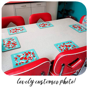 Lovely customer photo of our Atomic Boomerang placemats in their new home! | The Inkabilly Emporium