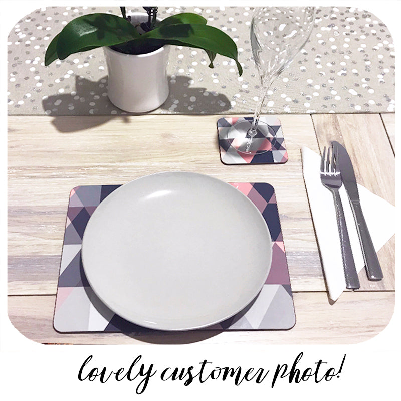 fabulous customer photo of our blush pink & grey coasters and placemats | The Inkabilly Emporium