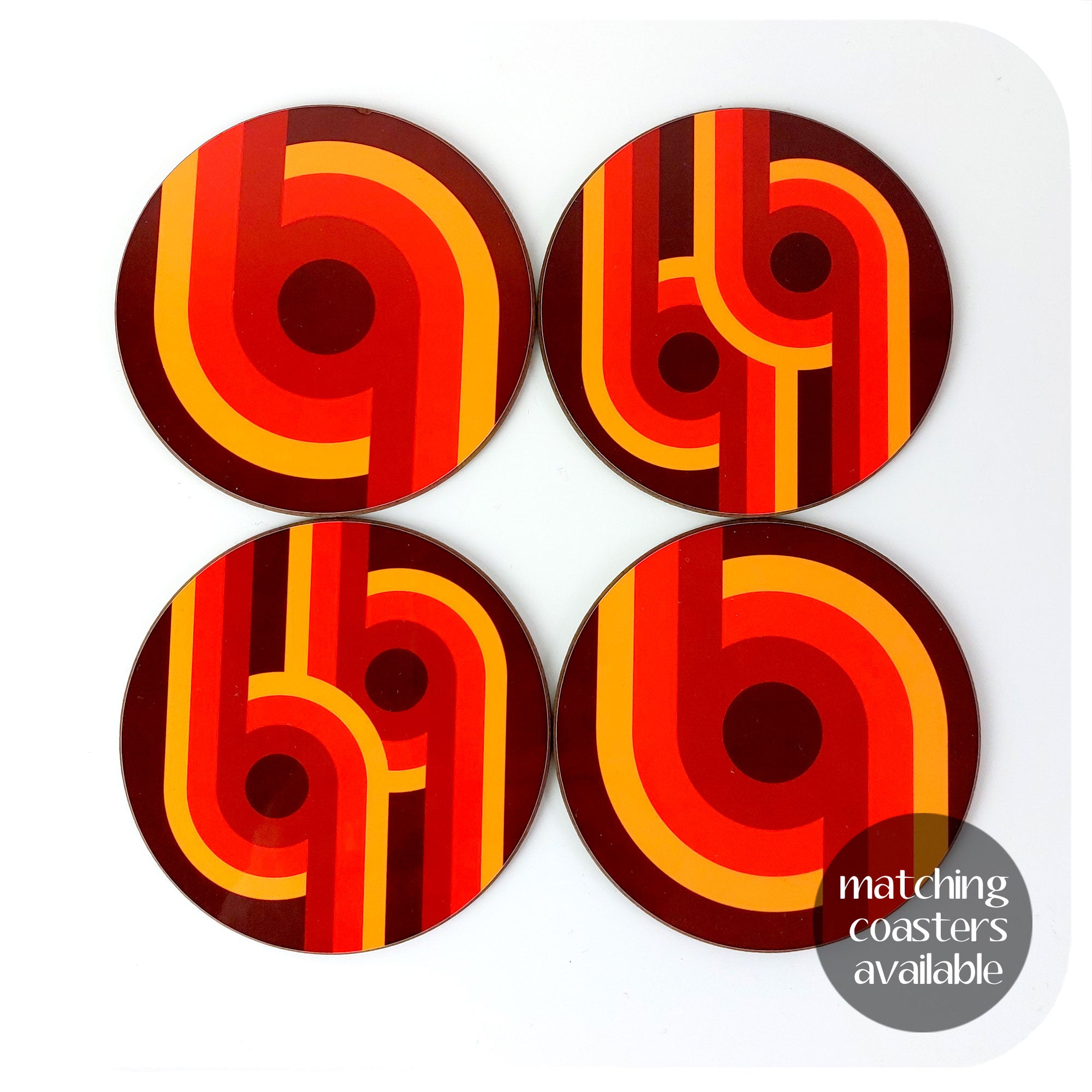 Set of four 70s Supergraphic style round coasters.  Text on image reads "matching coasters available" | The Inkabilly Emporium