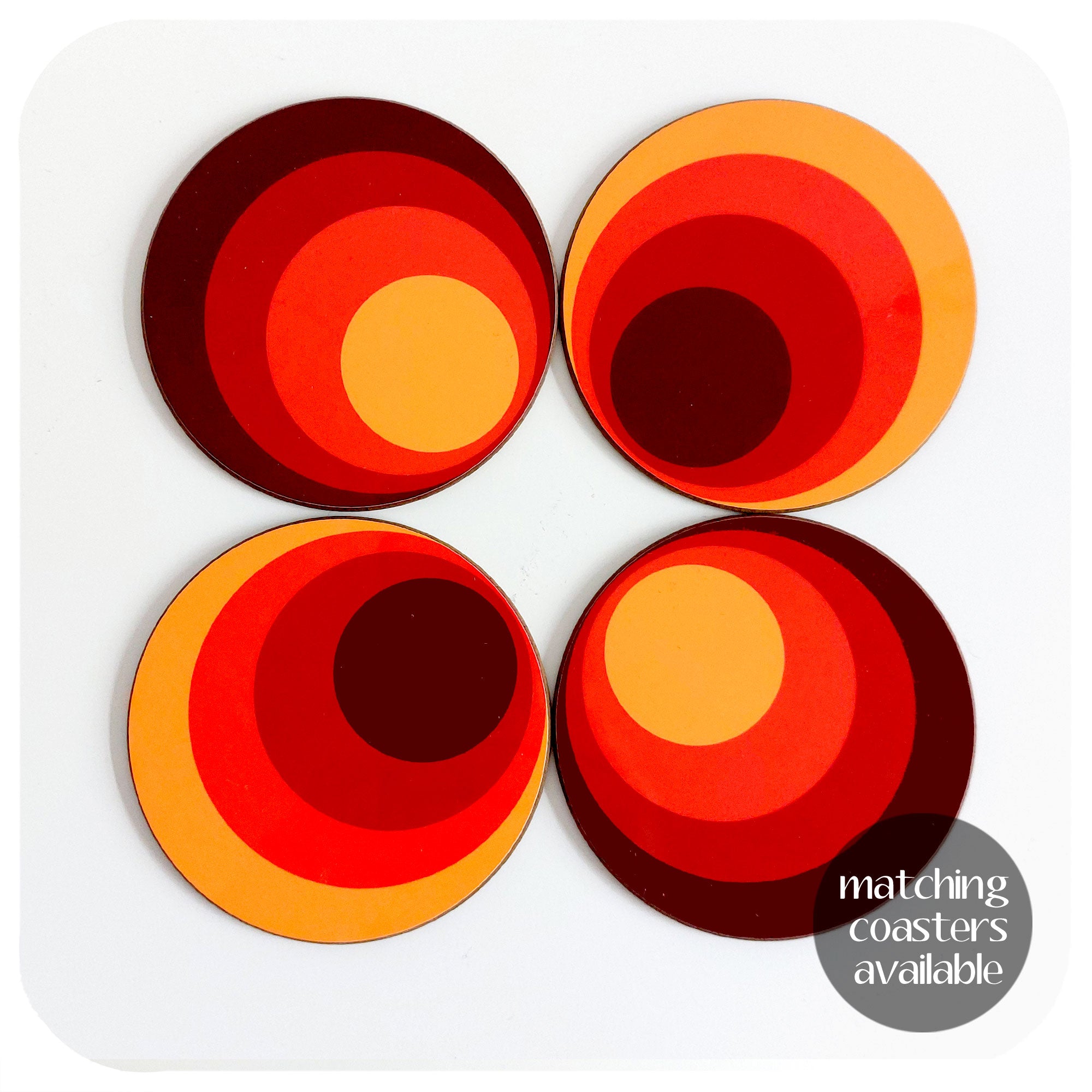 Four 70s Style coasters lie on a white background. Text in image reads "matching coasters available | The Inkabilly Emporium