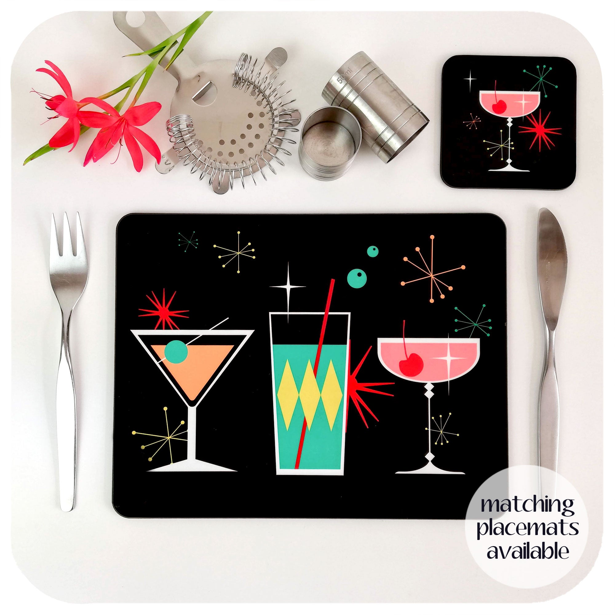 Cosmic Cocktail Placemat and Coaster on table with vintage cutlery and cocktail accessories | The Inkabilly Emporium