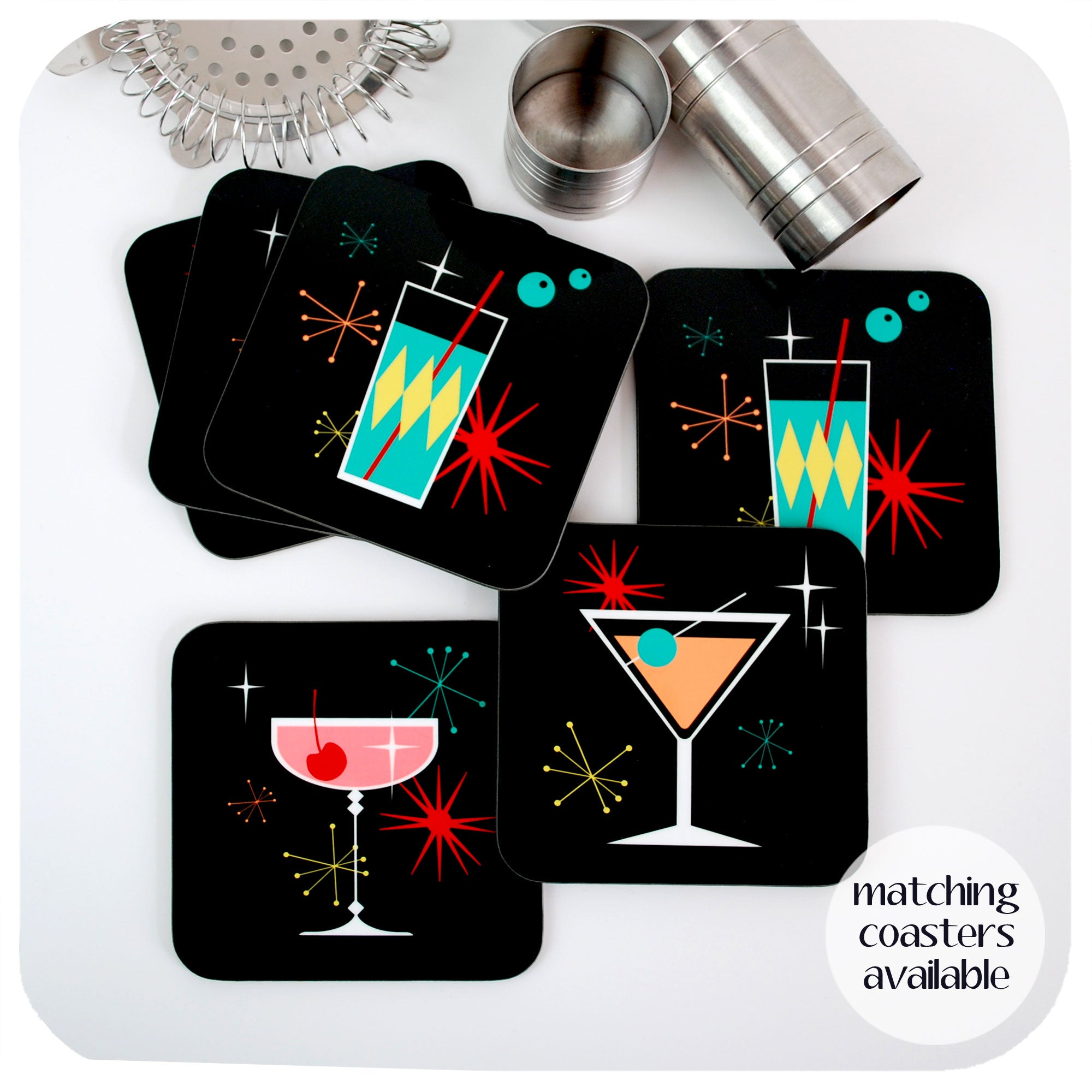 Cosmic Cocktails Coasters on table with cocktail accessories | The Inkabilly Emporium