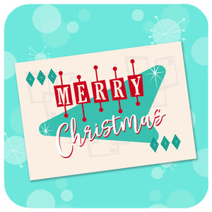 Atomic Style Christmas Card on a graphic blue background with atomic starbursts and glitter spots. Text on the card reads "Merry Christmas" | The Inkabilly Emporium