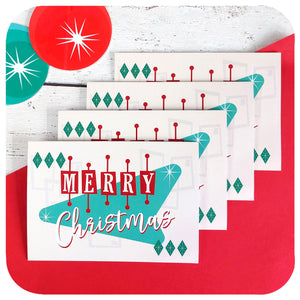 Stack of 4 Atomic Style Christmas Cards on a red & white background with retro xmas decorations. Text on the cards reads "Merry Christmas" | The Inkabilly Emporium