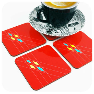 Mid Century Geometric Coasters in Red, Set of 4 | The Inkabilly Emporium
