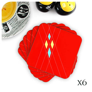 Set of 6 Mid Century Geometric Argyle Coasters in Red| The Inkabilly Emporium