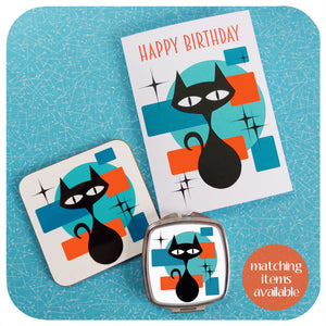 Matching Atomic Cat items, Greetings Card, Coaster and Compact Mirror on a 50s table | The Inkabilly Emporium