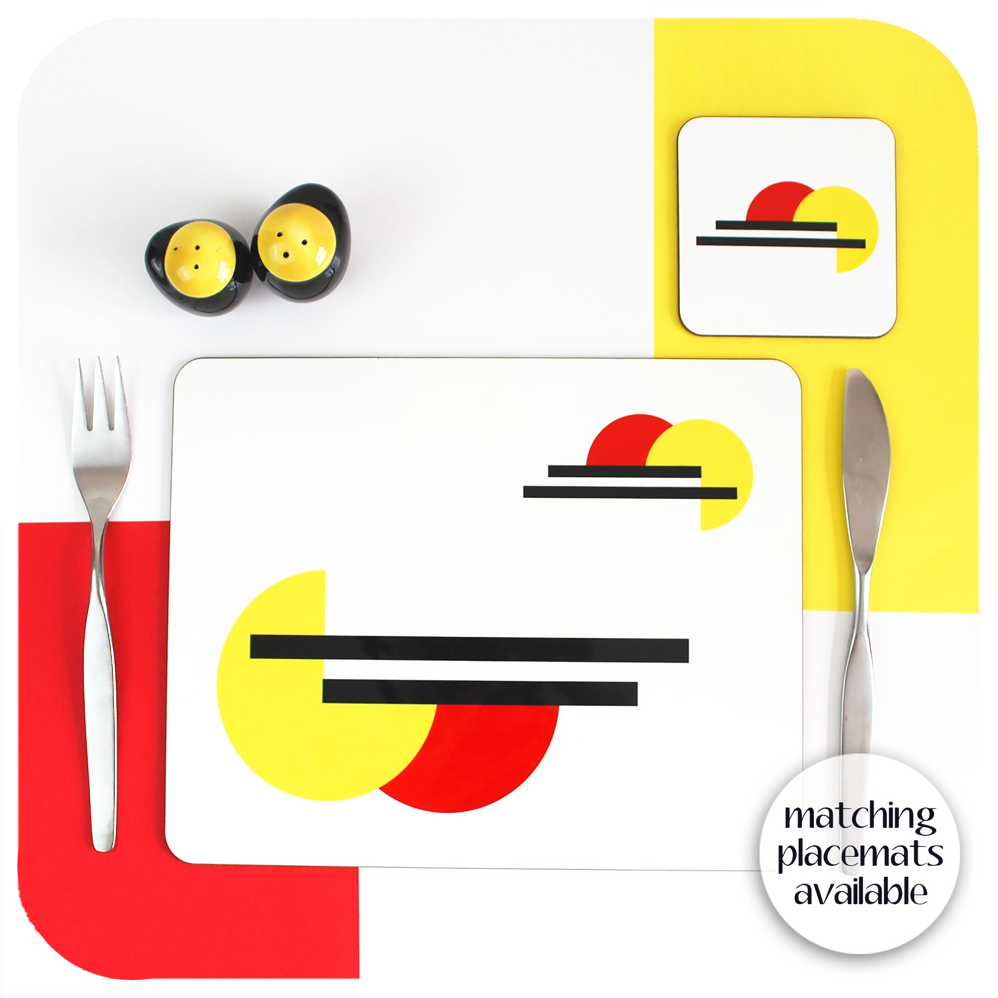 Bauhaus Placemat and matching Coaster, set on a table with vintage cutlery and cruet set | The Inkabilly Emporium | The Inkabilly Emporium